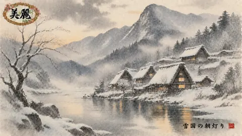 雪国の朝灯りと山里 thumbnail