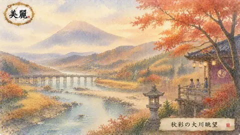 秋彩の川辺と茶屋の眺め thumbnail
