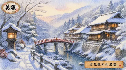 雪化粧の山里と赤い橋 thumbnail