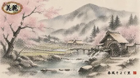 桜花と水車の里、春霞の山水画 thumbnail