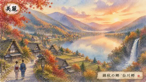 錦秋の白川郷、湖畔の彩り thumbnail