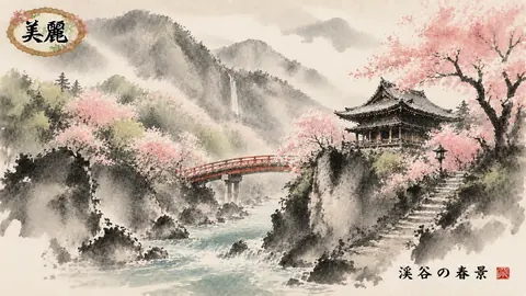 桜咲く渓谷と朱橋の春景 thumbnail