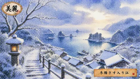 雪景色の入り江と冬陽 thumbnail