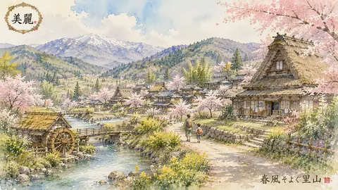 春風そよぐ里山の水彩風景 thumbnail