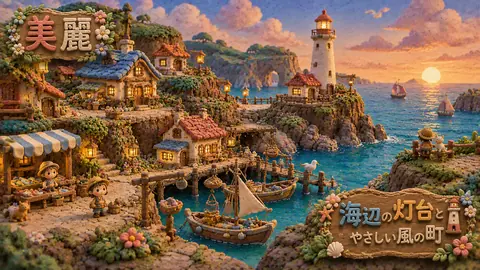 粘土細工の海辺の灯台村夕景 thumbnail