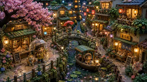 雨降る灯りの町と桜の運河 thumbnail