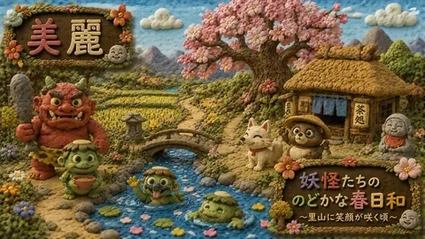 粘土細工の妖怪たちと桜咲く里山 thumbnail
