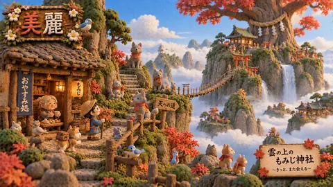 雲上のもみじ神社と狐たち thumbnail