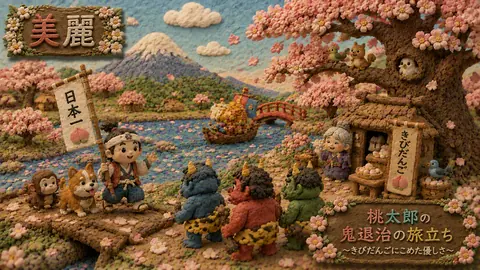 粘土絵本の桃太郎、桜の旅立ち thumbnail