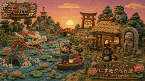 粘土細工の蓮池、河童と竜神の夕暮れ thumbnail