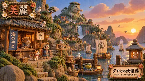 夕焼けの妖怪港と小さな旅人 thumbnail