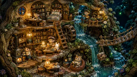 夜の滝辺にある粘土の森の図書館 thumbnail