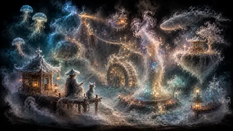 霧の浮遊村と灯りの幻想風景 thumbnail