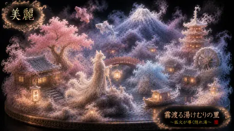 霧に包まれた狐火の湯けむり里 thumbnail