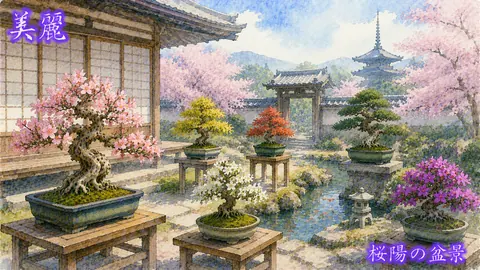 桜咲く寺庭の盆栽風景 thumbnail