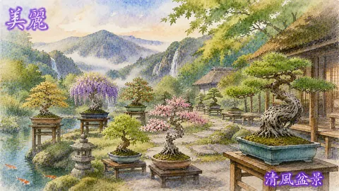 美麗な清風盆景の庭園と滝 thumbnail