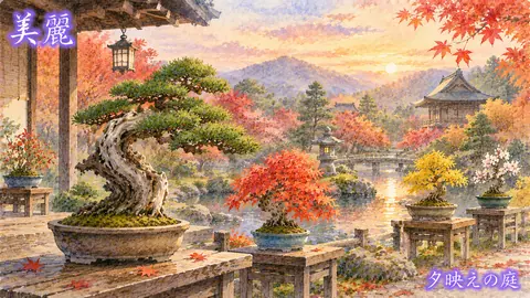夕映えに輝く盆栽庭園 thumbnail