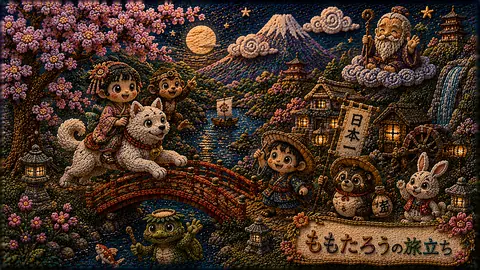 刺繍で彩る桃太郎の旅立ち thumbnail