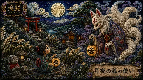 月夜の狐と少女の刺繍絵 thumbnail