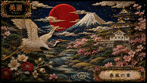 刺繍で彩る富士と城、飛翔する鶴 thumbnail
