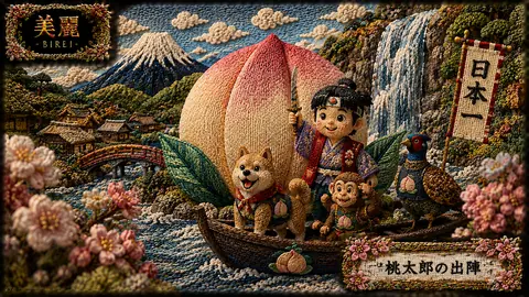 刺繍の桃太郎、滝と里の物語 thumbnail
