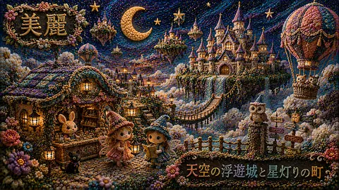 刺繍で彩る天空の浮遊城と星灯りの町 thumbnail