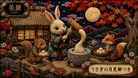 刺繍で彩る月夜の餅つき狐兎 thumbnail