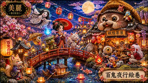 刺繍で描く百鬼夜行の夜祭り thumbnail
