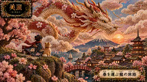 刺繍の龍と桜、夕映えの里 thumbnail