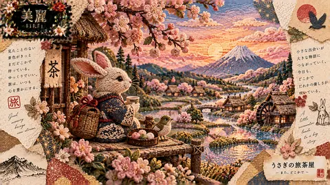 うさぎの旅茶屋、桜の夕景 thumbnail