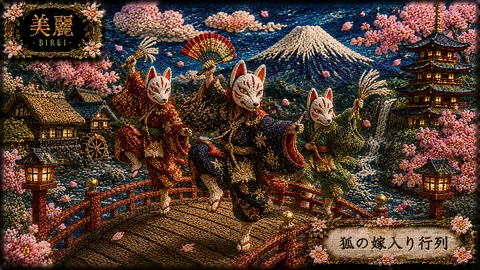 刺繍で彩る狐面祭りの橋踊り thumbnail