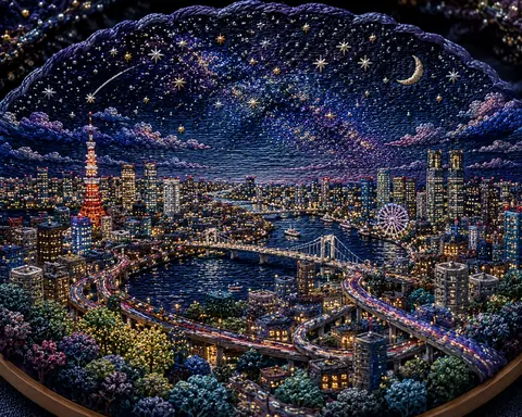 都会の夜景と満天の星空の刺繍 thumbnail
