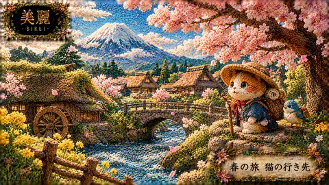 刺繍で彩る春の旅、猫と桜 thumbnail