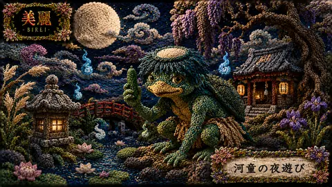 刺繍で彩る河童の夜遊び thumbnail