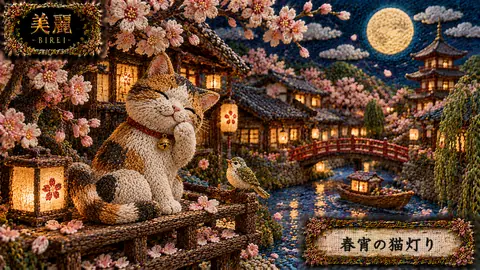 刺繍で彩る春宵の猫灯り thumbnail