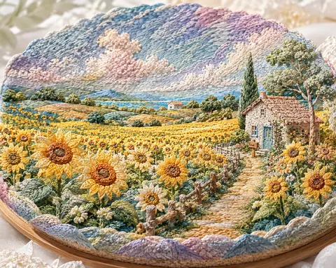 水彩・ノーブルパステル刺繍、夏のひまわり畑 thumbnail