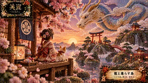 刺繍で彩る夕暮れの龍と神社 thumbnail