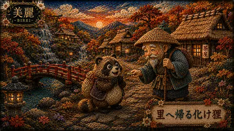 刺繍で彩る秋の山里と化け狸 thumbnail