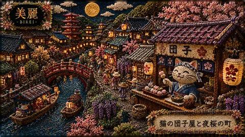 刺繍の夜桜町と猫の団子屋 thumbnail