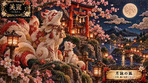 刺繍で描く月夜の狐神社 thumbnail
