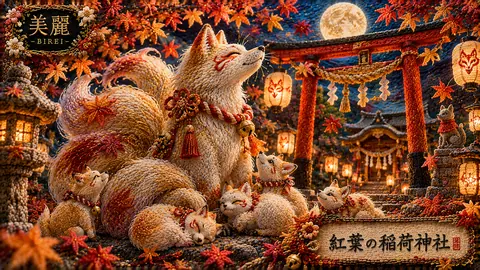 紅葉夜の稲荷神社と白狐の精霊 thumbnail