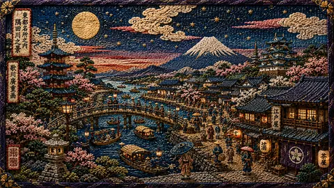 刺繍で描く月夜の江戸風景 thumbnail