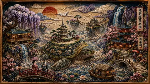 刺繍で描く亀島蓬莱の幻想景観 thumbnail