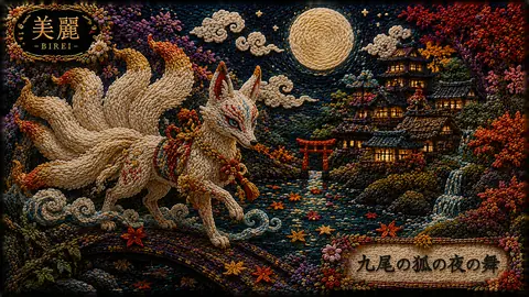 刺繍で描く九尾の狐と月夜の里 thumbnail
