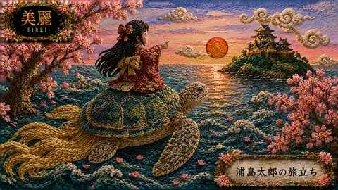 刺繍絵巻「浦島太郎の旅立ち」 thumbnail