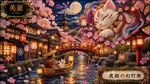 刺繍の夜桜幻灯街と巨大猫霊 thumbnail