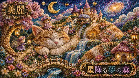 刺繍で彩る眠り猫の星降る森 thumbnail