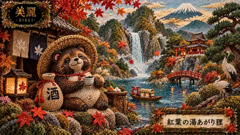 刺繍で彩る紅葉の湯あがり狸 thumbnail