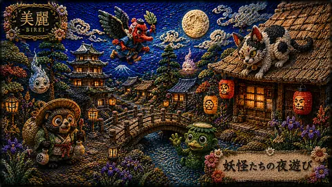 刺繍で彩る妖怪村の月夜 thumbnail