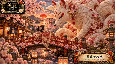 刺繍で紡ぐ狐と桜の夕景 thumbnail